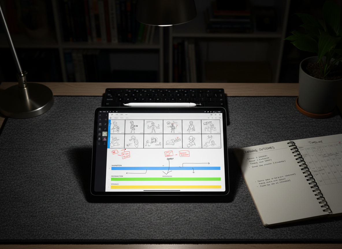 A digital tablet lying on a textured charcoal-grey desk mat, its screen displaying a vibrant storyboard for an online course, complete with thumbnail scenes, annotations, and color-coded tracks for narration and interaction. Beside it, a spiral-bound planning notebook lies open, filled with neatly written learning outcomes and timelines. A slim keyboard and wireless stylus align precisely along the top edge of the frame. Cool, focused task lighting from an adjustable desk lamp creates a bright pool of light on the working area, fading into a darker, subtly blurred background. Photographic realism with a top-down composition and sharp focus throughout evokes a meticulous, process-oriented instructional design workflow.