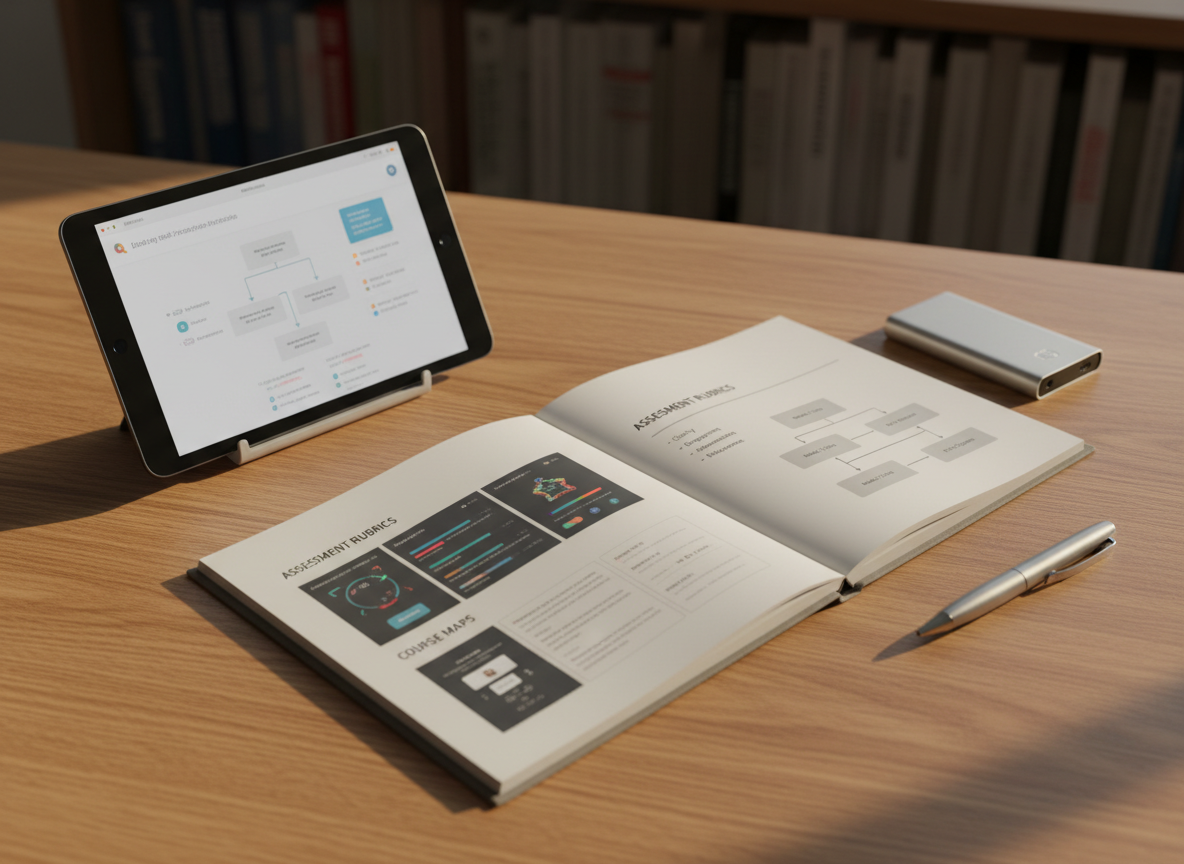 A neatly arranged tabletop featuring a printed portfolio booklet opened to a spread of visually rich eLearning screenshots, assessment rubrics, and course maps. Surrounding it, a tablet displays an interactive module interface, while a slim external hard drive and a metal pen with a brushed finish rest nearby on a warm oak surface. The background fades into a blurred bookshelf filled with orderly rows of academic texts and instructional design references. Warm, late-afternoon sunlight filters in from the side, casting soft, elongated shadows and a gentle golden hue. Photographic realism from a slightly elevated, three-quarter angle creates an inviting yet professional mood ideal for an ‘Artifacts’ or ‘Work Samples’ section.