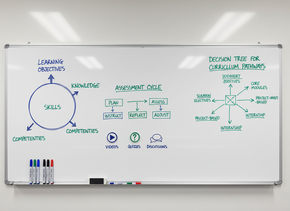 A pristine whiteboard stretching across a modern classroom wall, covered with meticulously drawn diagrams of learning objectives, assessment cycles, and branching decision trees in rich blue and green marker. Magnetic icons representing videos, quizzes, and discussions are arranged in a clear sequence. At the base, an aluminum tray holds color-coded markers and an eraser aligned in a straight line. Overhead LED panel lights cast bright, even illumination, creating soft reflections on the whiteboard’s glossy surface. Photographic realism at a straight-on, wide-angle view captures the entire board in sharp focus, projecting a professional, analytical atmosphere suited to showcasing teaching strategy and curriculum design.