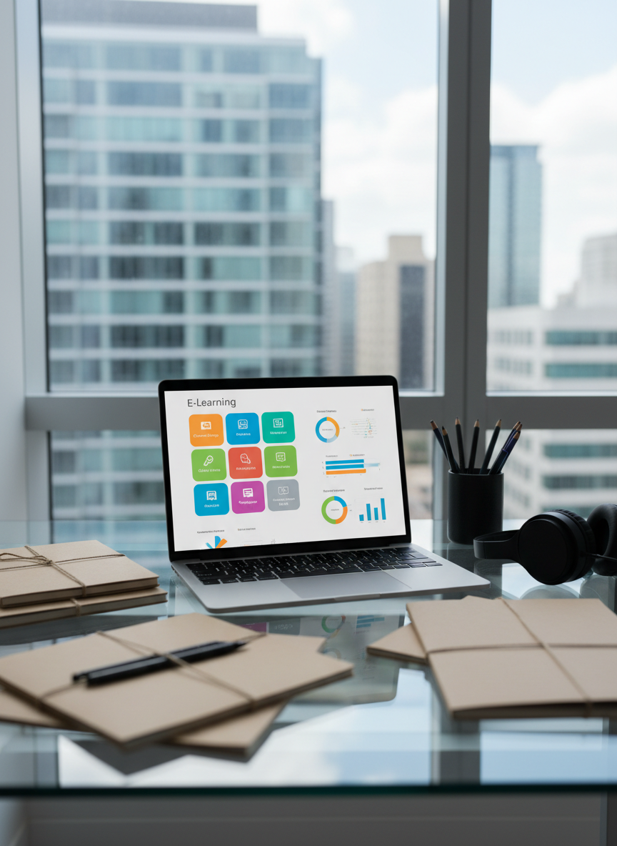 A sleek glass-topped desk with a slim, open laptop displaying a minimalist dashboard of colorful course tiles and analytics charts, all sharply rendered. Around the laptop, neatly stacked notebooks with textured kraft covers, a set of fine-tipped pens, and a pair of over-ear headphones rest in deliberate order. The desk sits near a large window in a modern workspace, with city buildings softly blurred outside. Cool daylight pours in, creating clean highlights on the glass surface and gentle, controlled shadows. Photographic realism, captured at eye level with a shallow depth of field, conveys a professional, focused atmosphere ideal for a teacher and instructional designer’s ePortfolio hero image.