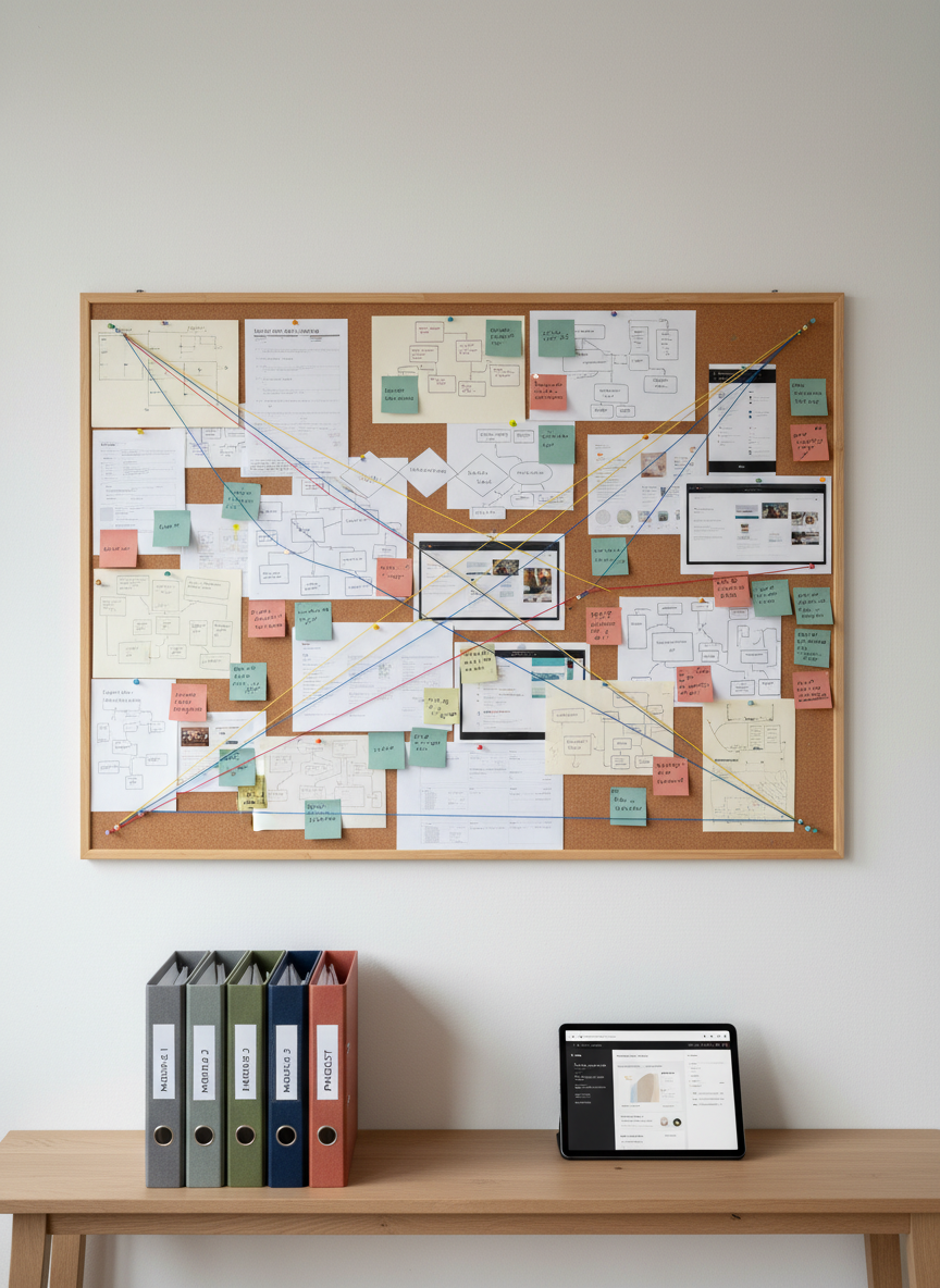 A large corkboard mounted on a matte white wall, completely covered with pinned lesson blueprints, flowcharts, sticky notes in muted colors, and printed interface mockups of online courses. Colored string connects related items, forming clear pathways of learning design. Below, a light oak console holds a neatly arranged row of labeled binders and a tablet with a course storyboard open on the screen. Soft, diffused overcast light comes from an unseen window, flattening harsh shadows and emphasizing detail. Shot from a slightly elevated angle in photographic realism, the composition uses the rule of thirds to create a calm, organized mood that communicates thoughtful instructional design planning.