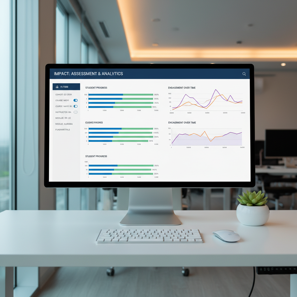 A clean, minimalist dashboard view on a large, slim computer monitor placed on a white sit-stand desk, showing a well-organized learning analytics interface: bar graphs of student progress, line charts of engagement over time, and neatly labeled filters for different cohorts. A compact wireless keyboard and mouse sit aligned in front, with a small potted plant adding a touch of green to the side. Cool, diffused daylight from a nearby window combines with subtle ambient office lighting, reducing glare and emphasizing screen clarity. Photographic realism from a straight-on, slightly elevated angle creates a precise, data-driven atmosphere well-suited for an ‘Assessment & Analytics’ or ‘Impact’ section.