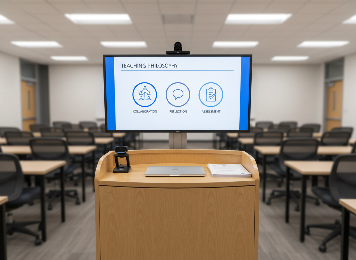 A modern classroom environment centered on an empty, curved-front teacher’s podium made of light maple wood, housing a closed silver laptop, a small stack of rubric sheets, and a digital document camera folded neatly to the side. Behind the podium, a large ultra-wide display shows a paused slide from a clean, professional presentation template with icons for collaboration, reflection, and assessment. Soft, balanced overhead lighting ensures even illumination without glare on the screen. Photographic realism from an eye-level, wide-angle perspective captures rows of blurred, empty student desks in the background, creating a calm, anticipatory mood suitable for a ‘Teaching Philosophy’ or ‘Classroom Practice’ page.