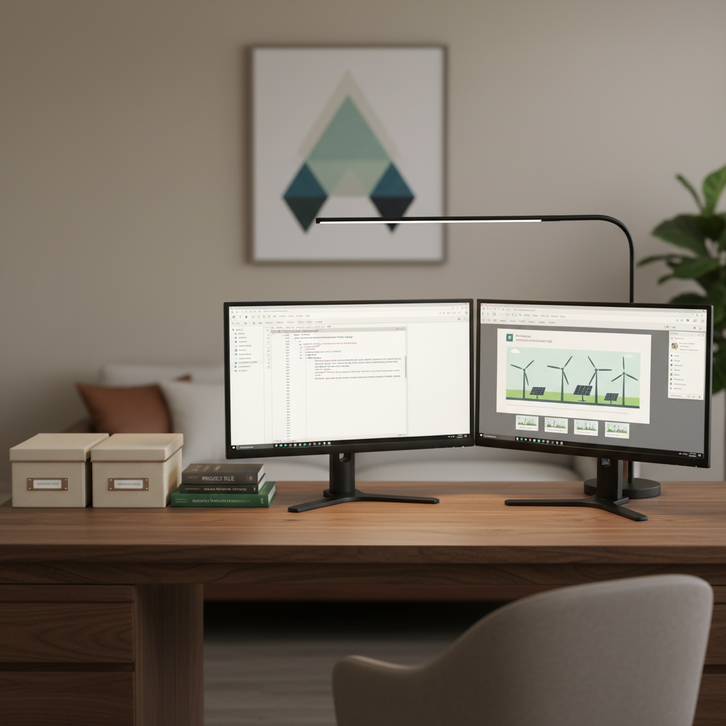 A calm home office corner anchored by a sturdy walnut desk holding a dual-monitor setup, each screen showing different stages of an eLearning project: a script in a text editor on one, a slide-based authoring tool on the other. Between them, a slim, matte-black desk lamp arcs gracefully, casting a pool of warm, directed light. Along the side, labeled storage boxes and a small stack of instructional design books add subtle texture. The rest of the room falls gently out of focus, with a neutral wall and a single framed abstract print. Photographic realism from a slightly off-center, eye-level angle creates a focused, professional, work-in-progress atmosphere.